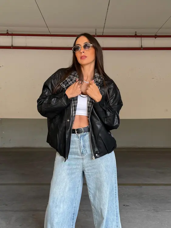 מעיל עור בשילוב משבצות