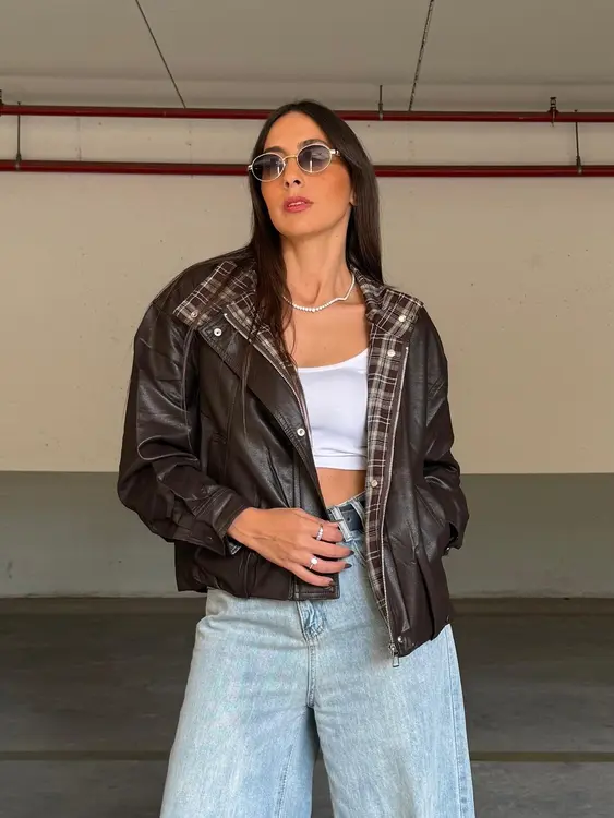 מעיל עור בשילוב משבצות