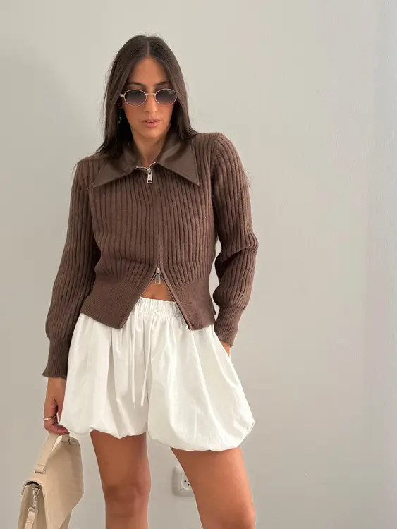 סריג רוכסן צווארון עור