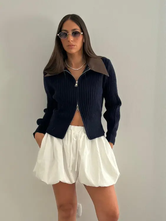 סריג רוכסן צווארון עור